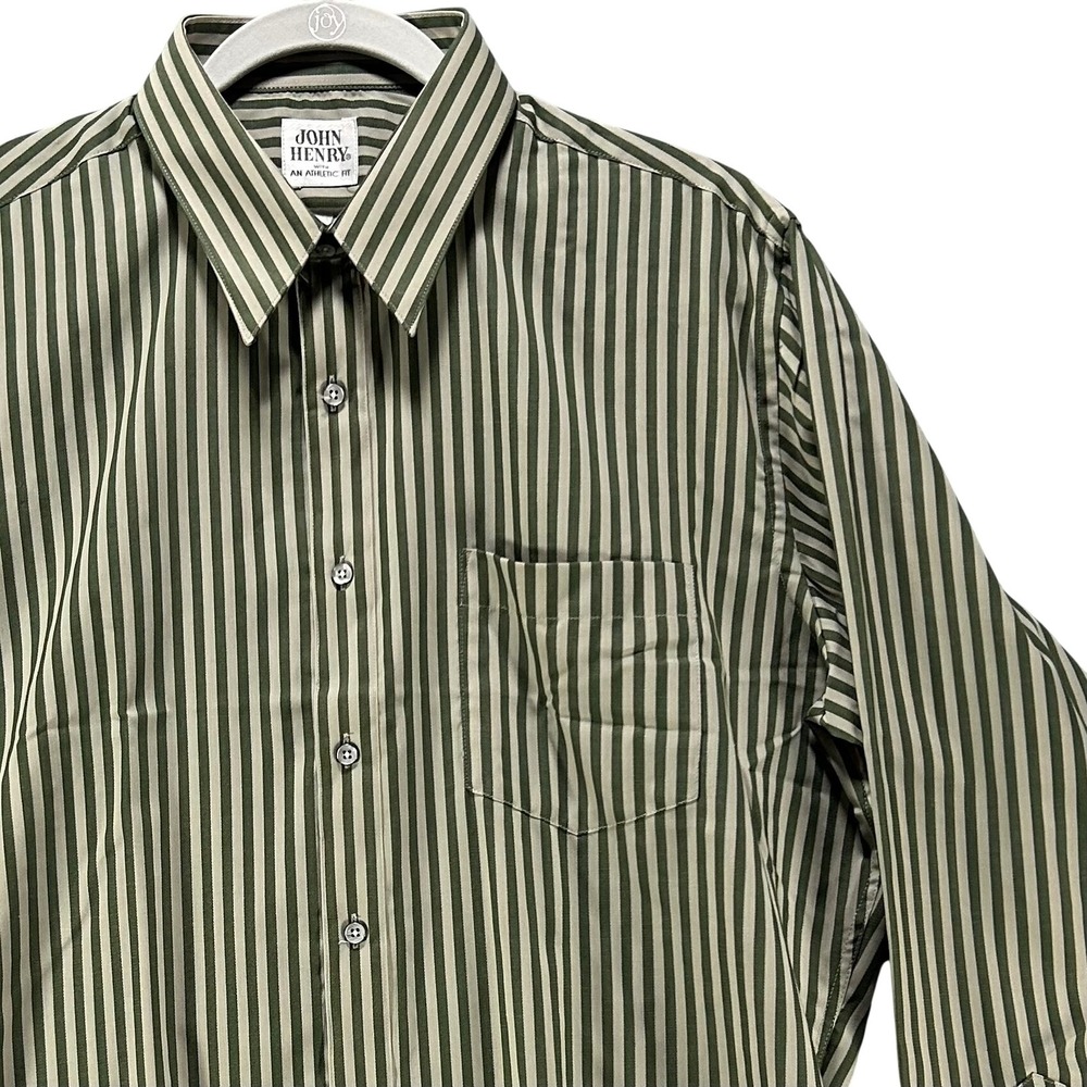 John Henry Button Down Shirt Mens 17 34-35 Green Tan Striped Office Vintage 70's